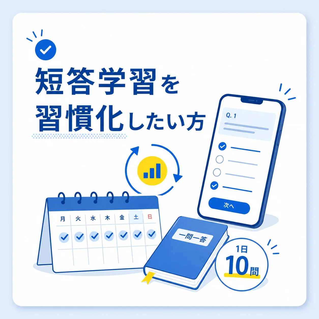 毎日10問の一問一答で短答学習を習慣化するイメージ — カレンダー・スマートフォン・問題集