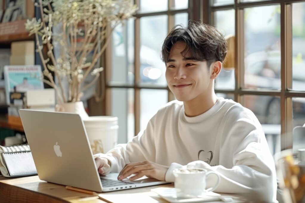 Smiling Man Typing on Laptop at Café Table