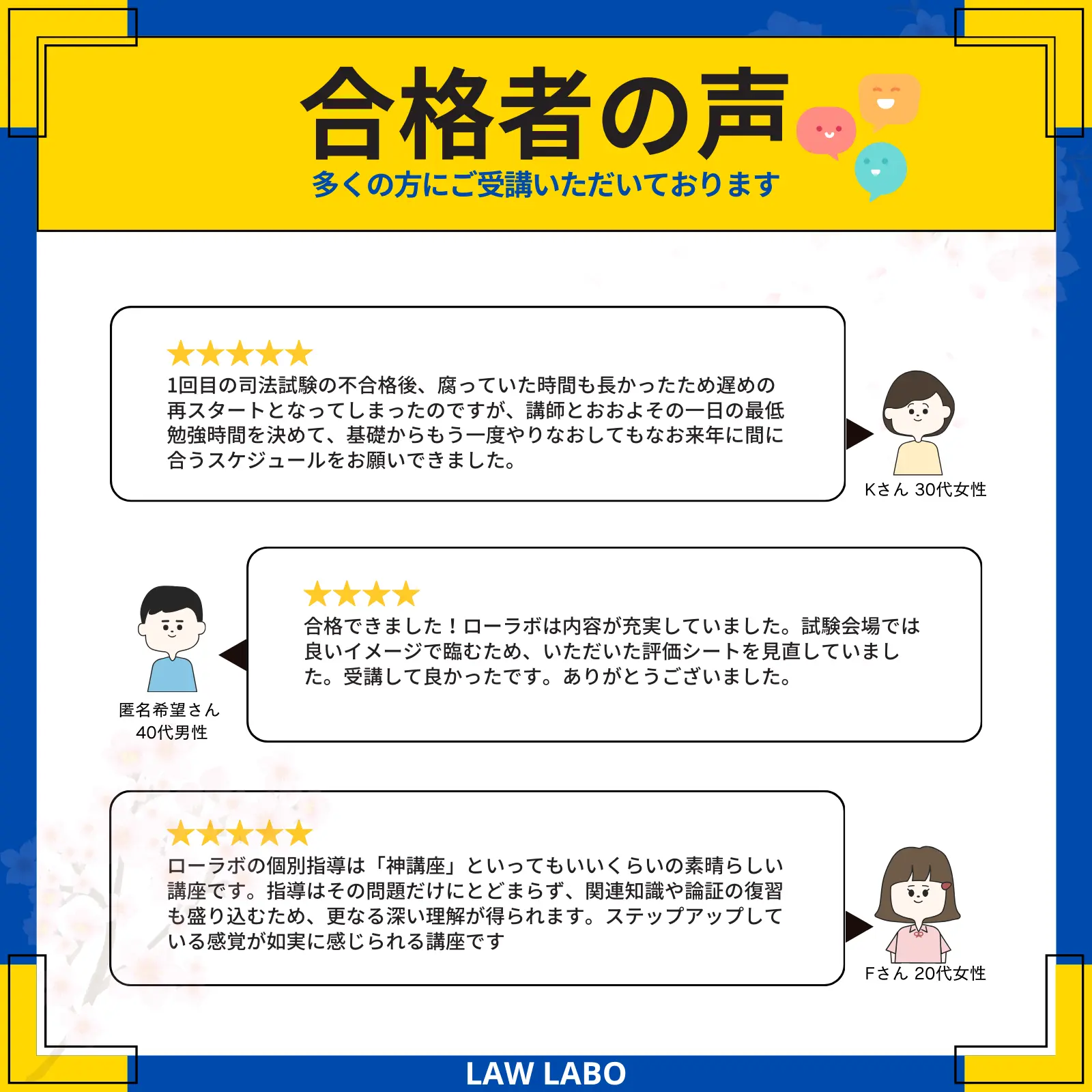 司法試験・予備試験に合格した受講生の声を紹介するLAW LABOの合格者セクション